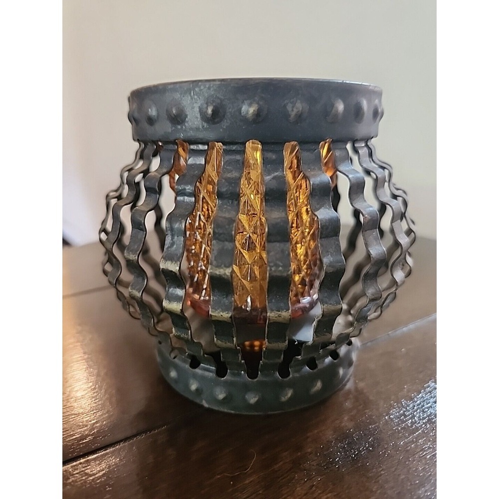 Vintage Black Metal Cage Candle Holder MCM Retro Amber Hobnail